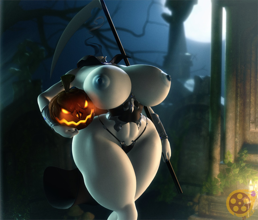 3d_(artwork) big_breasts breasts clothing digital_media_(artwork) dullahan graveyard hi_res holding_object holding_weapon huge_breasts jack-o'-lantern melee_weapon moon night nipples not_furry outside panties polearm scythe sfrogue thick_thighs tombstone underwear weapon wide_hips