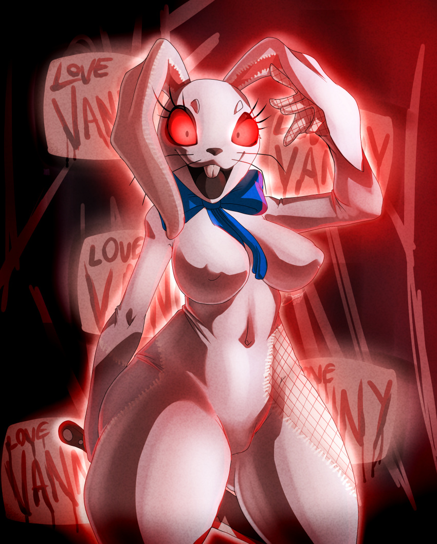 absurd_res anthro big_breasts blood bodily_fluids bow_tie breasts clothing costume female five_nights_at_freddy's five_nights_at_freddy's:_security_breach glowing glowing_eyes hi_res human jaynatorburudragon knife lagomorph leporid mammal nipple_outline nude rabbit solo thick_thighs vanny_(fnaf) video_games wide_hips