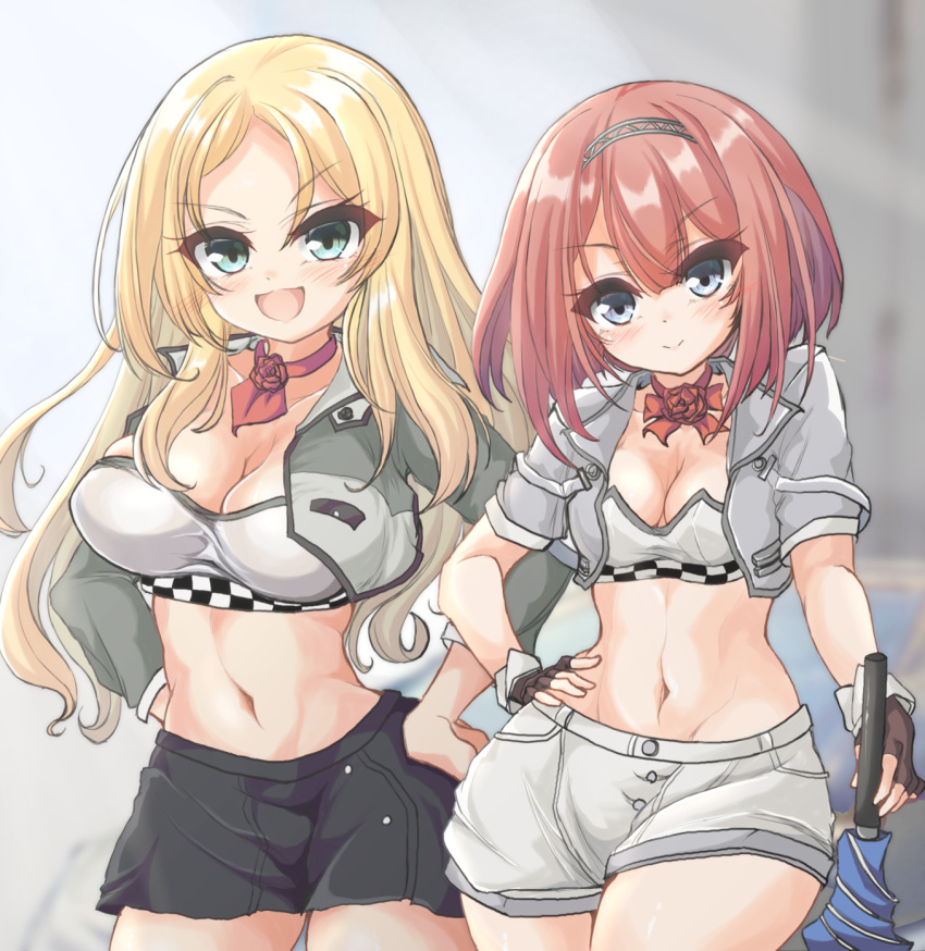 2girls adapted_costume ark_royal_(kantai_collection) ascot bangs black_gloves black_skirt blonde_hair blue_eyes blue_umbrella blunt_bangs blush bob_cut bra breasts checkered cleavage commentary_request cowboy_shot cropped_jacket fingerless_gloves flower gloves grey_jacket hairband highres inverted_bob jacket kantai_collection kasashi_(kasasi008) large_breasts looking_at_viewer medium_breasts midriff multiple_girls nelson_(kantai_collection) planted_umbrella race_queen red_flower red_hair red_neckwear red_rose rose short_hair shorts skirt smile strapless strapless_bra umbrella underwear white_bra white_shorts