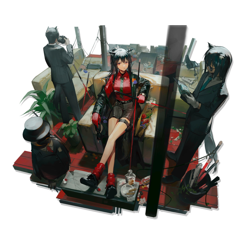 1boy 1girl 2others animal_ears arknights armchair bangs bare_legs black_footwear black_hair blazer chair gloves grey_jacket grey_pants hair_between_eyes highres holding huanxiang_heitu jacket long_hair long_sleeves looking_at_viewer mouth_hold multiple_others necktie off_shoulder official_art pants plant red_eyes red_gloves red_legwear red_shirt shirt shoes sitting socks standing sunglasses tail texas_(arknights) the_emperor_(arknights) thigh_strap transparent_background watch white_gloves wolf_ears wolf_tail wristwatch