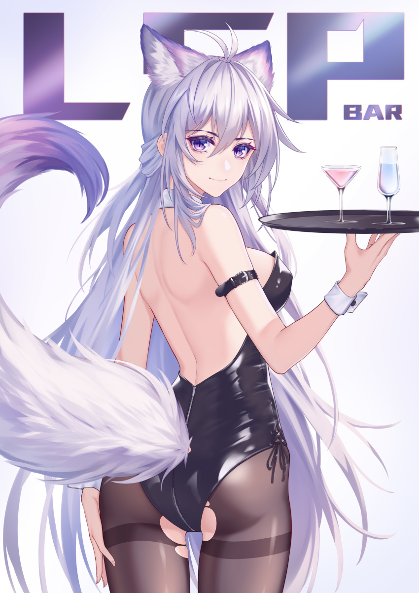 1girl absurdres animal_ears antenna_hair arm_strap ass backless_outfit bangs bare_arms bare_shoulders black_leotard breasts commentary_request cowboy_shot cup drinking_glass from_behind grey_background grey_legwear hair_between_eyes hand_up highres holding holding_tray kirby_d_a large_breasts leotard long_hair looking_at_viewer looking_back original pantyhose playboy_bunny_leotard purple_eyes silver_hair smile solo standing strapless strapless_leotard tail thighband_pantyhose thighs tray very_long_hair wine_glass wolf_ears wolf_tail wrist_cuffs