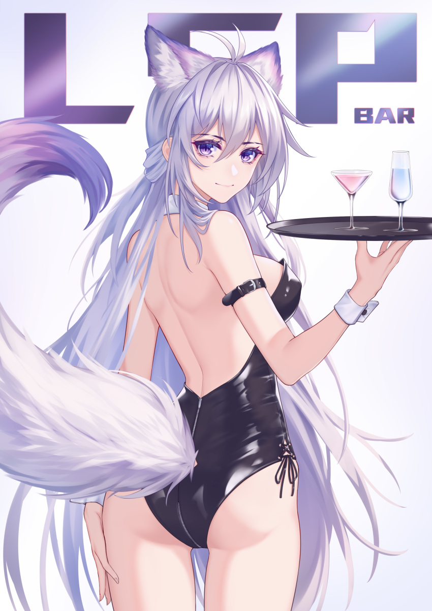 1girl absurdres animal_ears antenna_hair arm_strap ass backless_outfit bangs bare_arms bare_shoulders black_leotard breasts commentary_request cowboy_shot cup drinking_glass from_behind grey_background hair_between_eyes hand_up highres holding holding_tray kirby_d_a large_breasts leotard long_hair looking_at_viewer looking_back original playboy_bunny_leotard purple_eyes silver_hair smile solo standing strapless strapless_leotard tail thighs tray very_long_hair wine_glass wolf_ears wolf_tail wrist_cuffs