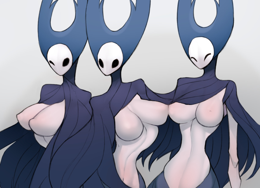 2020 arthropod big_breasts breasts clothing digital_media_(artwork) eyes_closed fecharis female group hollow_knight humanoid insect mantis mantis_lord nipples non-mammal_breasts one_eye_closed scas simple_background team_cherry video_games wink