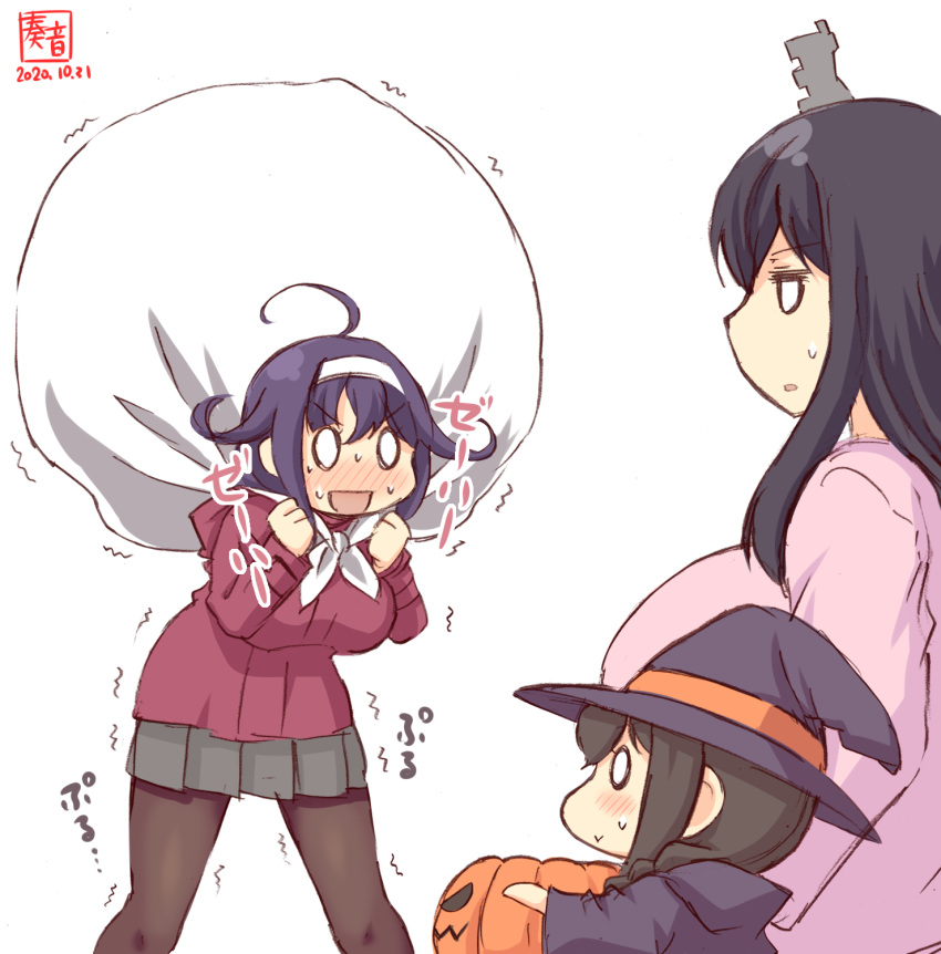 3girls ahoge alternate_costume artist_logo black_hair black_headwear black_legwear blush braid breasts brown_hair child commentary_request dated hair_flaps hair_ornament hair_over_shoulder hairband halloween halloween_costume hat highres hood hood_down hooded_jacket jack-o'-lantern jacket kanon_(kurogane_knights) kantai_collection large_breasts long_sleeves low_twintails multiple_girls open_mouth pantyhose pink_shirt pleated_skirt purple_hair red_jacket ryuuhou_(kantai_collection) sack shigure_(kantai_collection) shirt short_hair simple_background single_braid skirt smile sweat taigei_(kantai_collection) trembling twintails white_background white_hairband witch_hat yamashiro_(kantai_collection) younger