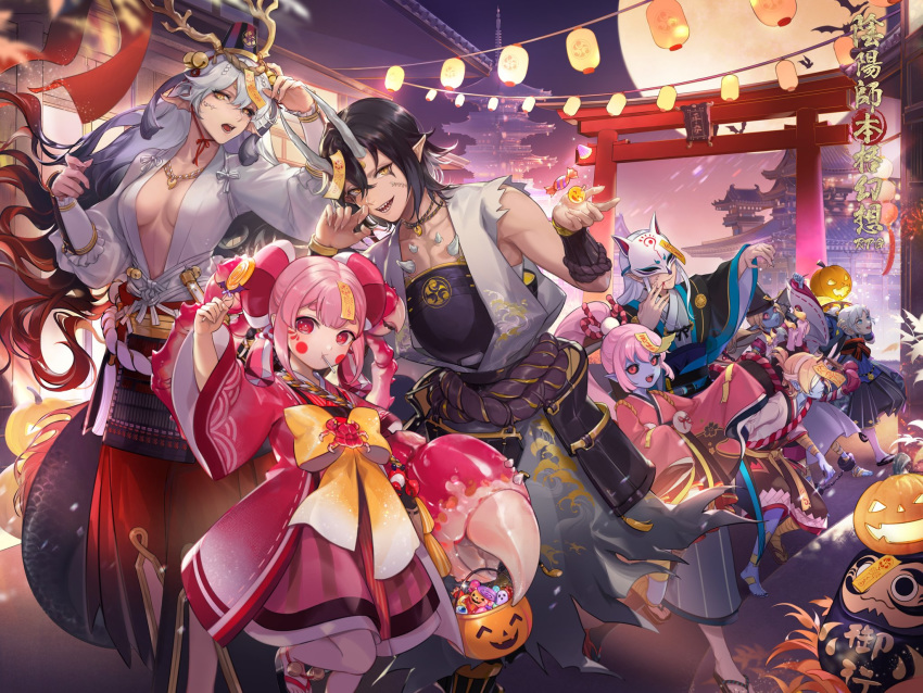 6+girls abe_no_seimei_(onmyoji) animal_ears antlers architecture arm_up bangs bare_shoulders black_hair black_headwear black_sclera blonde_hair blue_skin breasts callarinc candy character_request claws cleavage collarbone commentary_request commission crab_claw daruma_doll dragon_ears dragon_tail east_asian_architecture eye_mask facial_mark food fox_mask full_moon gender_request hair_bobbles hair_ornament hair_ribbon halloween halloween_basket hands_up highres horns jack-o'-lantern japanese_clothes jewelry jiangshi kimono kitsune lamp lantern leg_up lollipop long_hair long_sleeves looking_at_viewer mask medium_breasts monster_girl moon multicolored_hair multiple_girls necklace night ofuda oni oni_horns onmyoji outdoors oversized_forearms oversized_limbs paper_lantern pink_hair pointy_ears ponytail pumpkin red_eyes ribbon short_hair silver_hair sleeveless slit_pupils smile suzuka_gozen_(onmyoji) swirl_lollipop tagme tail tiaotiaomeimei torii torn_clothes translation_request wide_sleeves yellow_eyes
