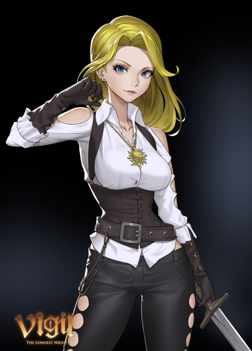 1girl absurdres bangs bare_shoulders belt black_background black_gloves black_pants blonde_hair blue_eyes breasts brown_belt clothing_cutout collarbone collared_shirt commentary_request contrapposto corset cowboy_shot dress_shirt ear_piercing gloves gradient gradient_background hand_up highres holding holding_sword holding_weapon jewelry large_breasts long_hair looking_at_viewer necklace pants piercing shirt smile solo sunkilow sword vigil_the_longest_night weapon white_shirt