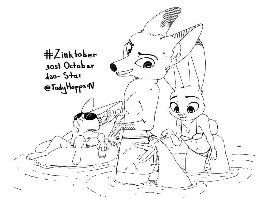 2020 4:3 anthro asterozoan bikini canid canine clothed clothing disney echinoderm english_text female fennec finnick fox group hi_res inktober inktober_2020 judy_hopps judyhopps44 lagomorph leporid male mammal marine monochrome nick_wilde partially_submerged rabbit red_fox simple_background starfish swimming_trunks swimwear text topless water white_background zootopia