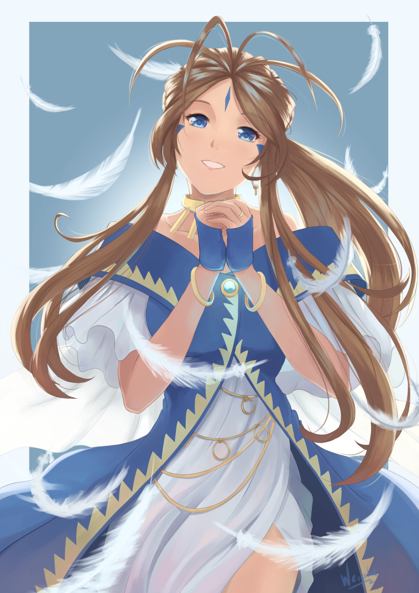 1girl aa_megami-sama absurdres bangs belldandy blander_mc blue_dress blue_eyes border bracelet brown_hair collarbone cowboy_shot dress facial_mark floating_hair grin hands_clasped head_tilt highres jewelry long_hair looking_at_viewer outside_border own_hands_together parted_bangs ring shiny shiny_hair side_slit smile solo standing very_long_hair white_border white_dress white_feathers