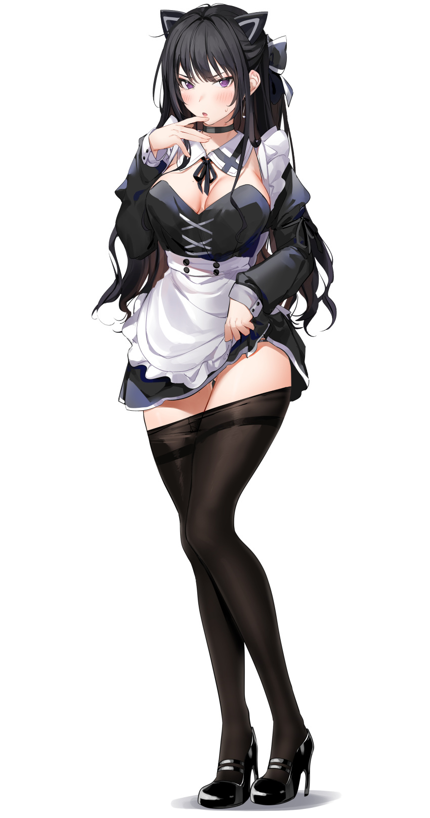 1girl :o absurdres animal_ears apron ass_visible_through_thighs bangs black_choker black_dress black_hair black_legwear black_neckwear black_ribbon blush breasts breasts_apart cat_ears choker cleavage_cutout clothing_cutout commentary_request detached_collar dress eyebrows_visible_through_hair fake_animal_ears finger_to_chin frilled_apron frills full_body grey_panties half_updo hand_up high_heels highres juliet_sleeves legs legs_together lifted_by_self long_hair long_legs long_sleeves looking_at_viewer maid mary_janes mole mole_on_breast neck_ribbon open_mouth original panties panty_peek pantyhose pantyhose_pull puffy_sleeves purple_eyes purple_pupils revision ribbon shadow shiny_footwear shoes short_dress simple_background skirt skirt_lift solo standing sweatdrop thigh_gap thighband_pantyhose underbust underwear v-shaped_eyebrows very_long_hair waist_apron wavy_hair white_apron white_background xretakex