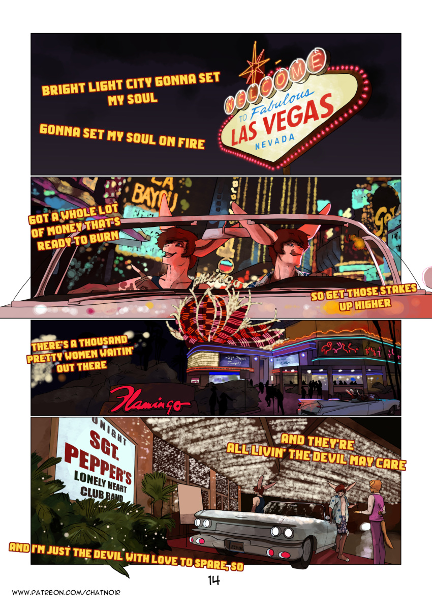 adrian_donovan anthro brother brothers car casino clothed clothing comic detailed_background digital_media_(artwork) duo elvis_presley english_text fur hair hi_res lagomorph las_vegas laudanumserum leporid letho_donovan long_ears male mammal music neon night open_mouth outside rabbit sibling smile text twins vehicle