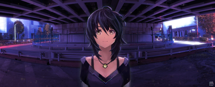 1girl absurdres bangs black_hair breasts brown_eyes building hair_between_eyes highres jewelry looking_at_viewer medium_breasts necklace okuto original short_hair smile solo