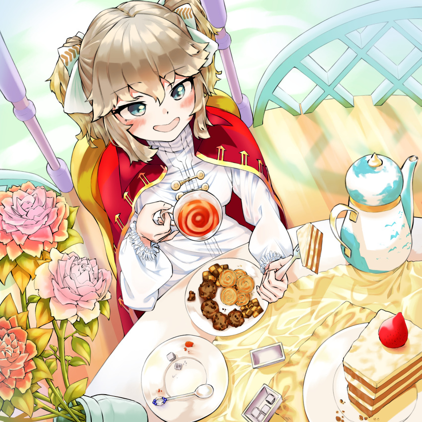 1girl absurdres bangs blush cake cape cookie cup day flower food fork frilled_sleeves frills from_above fruit gazebo girls_frontline gold_trim green_eyes hair_ribbon highres holding holding_fork jar kawaiihusky kettle leaf long_sleeves looking_at_viewer outdoors pink_flower pink_rose plate red_cape ribbon rose saucer shirt sidelocks smile solo spoon strawberry sugar_cube swept_bangs table tablecloth tea teacup tsurime two_side_up vase webley_revolver_(girls_frontline) white_ribbon white_shirt wooden_floor