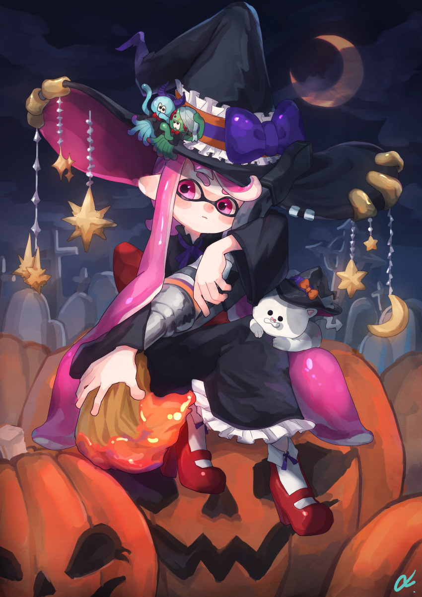 1girl absurdres anko2552 artist_name bangs black_dress black_headwear black_sky blunt_bangs bobby_socks bow closed_mouth commentary crescent crescent_moon domino_mask dress expressionless frilled_dress frills halloween halloween_costume hat hat_bow hat_ornament highres holding holding_weapon inkbrush_(splatoon) inkling jack-o'-lantern jellyfish_(splatoon) kojajji-kun_(splatoon) large_hat long_dress long_hair long_sleeves looking_at_viewer mask moon night night_sky outdoors pink_eyes pink_hair pointy_ears purple_bow red_footwear shoes signature sitting sky socks solo splatoon_(series) star_(symbol) star_hat_ornament tentacle_hair very_long_hair weapon white_legwear witch_costume witch_hat
