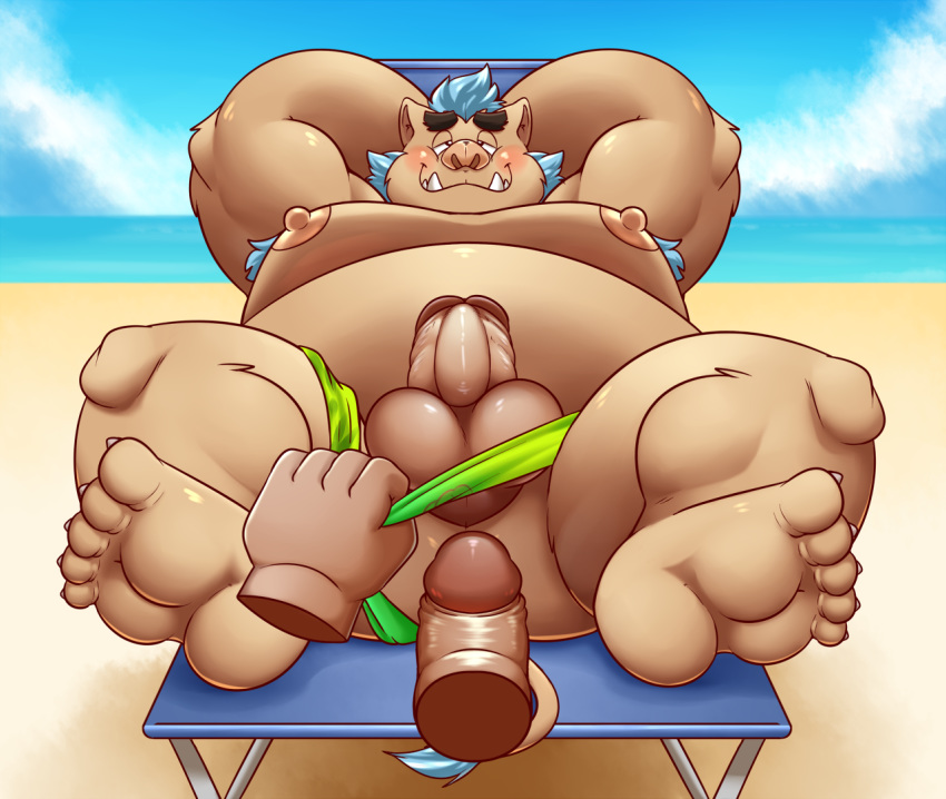 anthro balls beach beach_chair belly blue_hair clothing darknessminotaur disembodied_penis duo erection eyebrows eyewear genitals gouryou hair imminent_sex male male/male mammal overweight overweight_male penis seaside speedo suid suina sunglasses sus_(pig) swimwear thick_eyebrows tokyo_afterschool_summoners video_games wild_boar