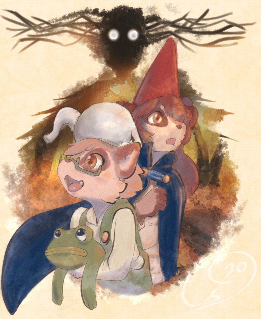 2020 amphibian autumn cloak clothed clothing costume eyewear forest frog glasses halloween haru hat headgear headwear hi_res holidays kettle maddy mammal markings over_the_garden_wall procyonid raccoon sibling tree