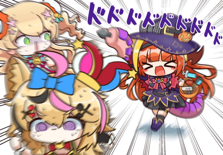 &gt;_&lt; 3girls :3 anal_tail animal_ears asacoco asimo953 closed_eyes double_bun fake_tail fox_ears green_eyes halloween hat hololive kiryuu_coco momosuzu_nene motion_blur multiple_girls omaru_polka open_mouth purple_eyes running scared speed_lines spiral_eyes syringe tail two_side_up virtual_youtuber witch_hat