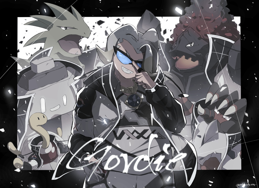 1boy adjusting_eyewear artist_name barbaracle black-framed_eyewear blue-tinted_eyewear character_name coalossal coat commentary_request gen_2_pokemon gen_6_pokemon gen_8_pokemon gloves gordie_(pokemon) gym_leader hand_up highres jewelry looking_at_viewer male_focus multicolored_hair necklace odd_(hin_yari) open_clothes open_coat pokemon pokemon_(creature) pokemon_(game) pokemon_swsh shuckle smile stonjourner sunglasses teeth two-tone_hair tyranitar watermark