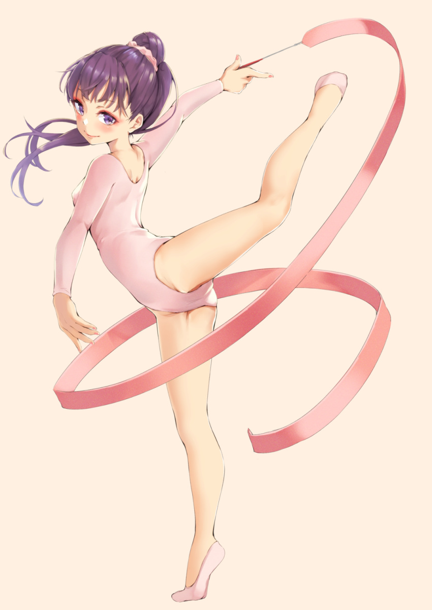 1girl arm_up ballet_slippers bangs blush breasts eyeliner fingernails funyariko groin gymnastics hair_ornament hair_scrunchie high_ponytail highres holding leg_up leotard long_hair long_sleeves looking_at_viewer looking_back makeup original outstretched_arms pink_leotard pink_nails ponytail purple_eyes purple_hair rhythmic_gymnastics ribbon_baton scrunchie simple_background small_breasts smile solo spread_arms spread_legs standing standing_on_one_leg tiptoes twisted_torso