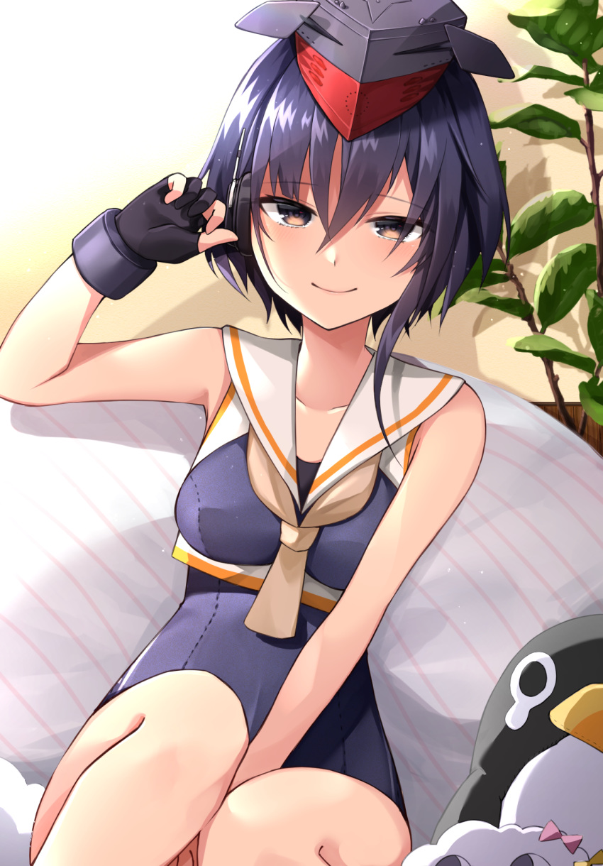 1girl bare_arms bare_shoulders between_legs black_gloves black_headwear black_swimsuit blush breasts brown_eyes closed_mouth collarbone crop_top cushion failure_penguin framed_breasts gloves hand_between_legs highres i-13_(kantai_collection) indoors kantai_collection katsuobushi_(eba_games) leaf looking_at_viewer miss_cloud one-piece_swimsuit partially_fingerless_gloves purple_hair short_hair single_glove sitting sleeveless small_breasts smile swimsuit