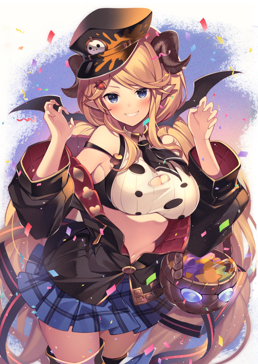 1girl bare_shoulders black_headwear black_jacket blonde_hair blue_eyes blue_skirt breasts claw_pose cleavage cleavage_cutout clothing_cutout confetti cowboy_shot crop_top draph granblue_fantasy grin hallessena halloween_basket hat highres homaderi horns jacket large_breasts long_hair long_sleeves midriff miniskirt navel off_shoulder open_clothes open_jacket peaked_cap plaid plaid_skirt pleated_skirt pointy_ears shirt skirt sleeveless sleeveless_shirt smile strap_slip thighhighs white_shirt zettai_ryouiki