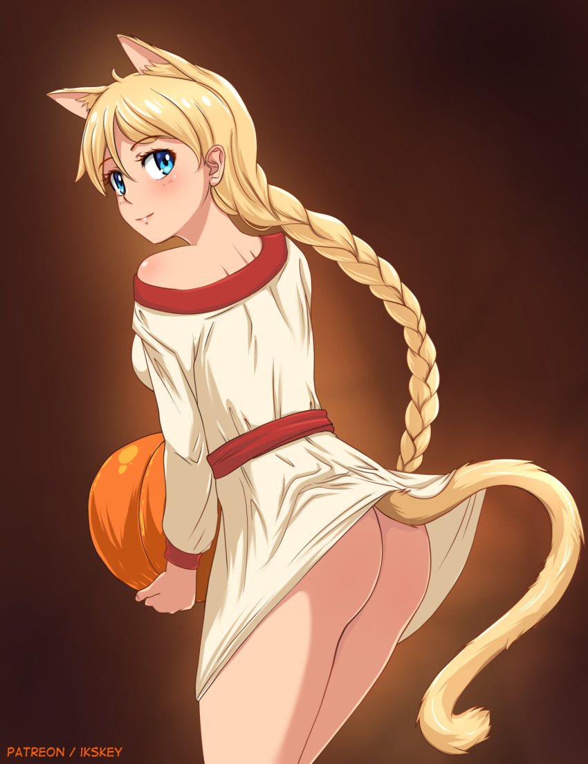 1girl animal_ear_fluff animal_ears ass blonde_hair blue_eyes braid brown_background cat_ears cat_tail commentary dress english_commentary everlasting_summer extra_ears eyebrows_visible_through_hair from_behind halloween highres huyase light_smile long_hair long_sleeves looking_at_viewer looking_back off_shoulder patreon_username pumpkin simple_background single_bare_shoulder single_braid slavya-chan solo tail very_long_hair