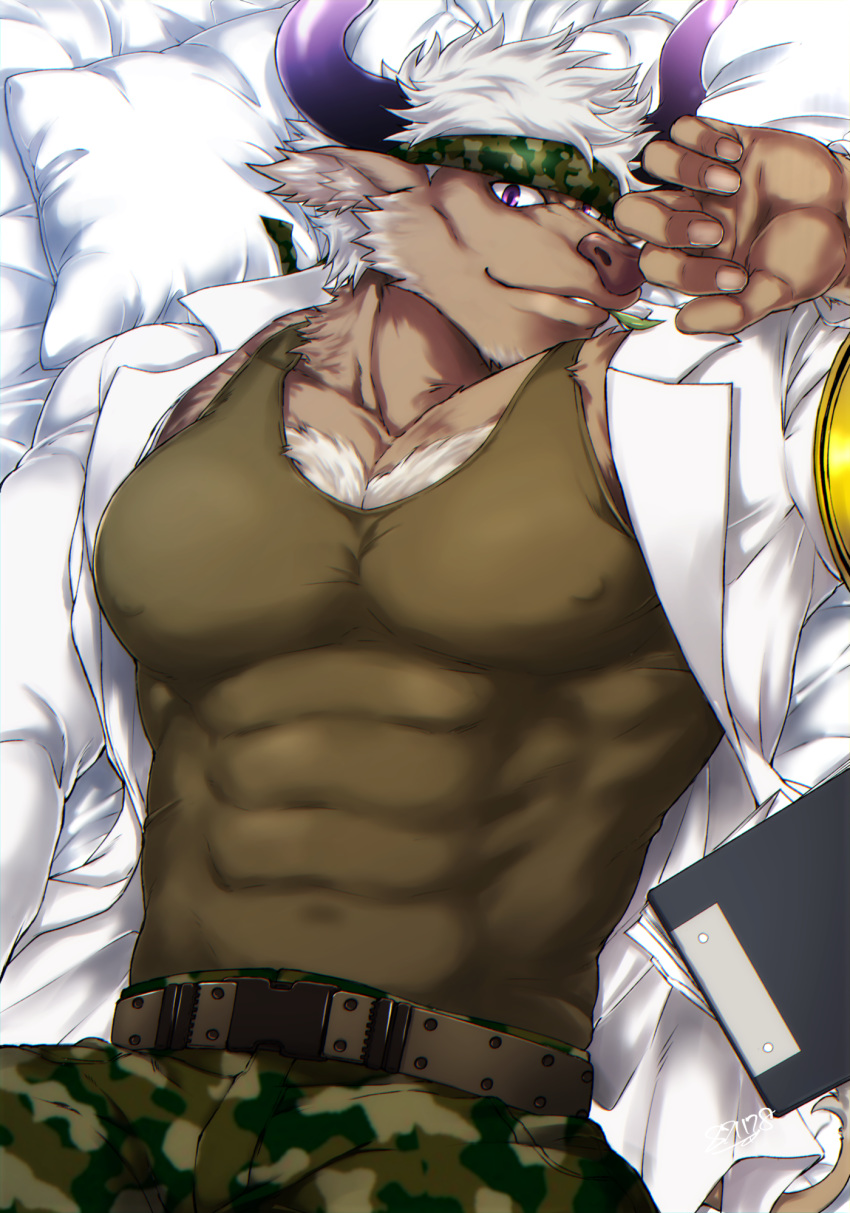 1boy animal_ears bara belt bulge camouflage camouflage_pants chest chest_hair coat covered_abs covered_navel covered_nipples cow_boy cow_ears cow_horns dakimakura doctor furry green_tank_top headband highres horns labcoat male_focus muscle on_bed open_clothes open_coat pants pillow purple_eyes purple_horns shennong_(tokyo_afterschool_summoners) short_hair sideburns solo tank_top tokyo_houkago_summoners white_hair yanai_inaya