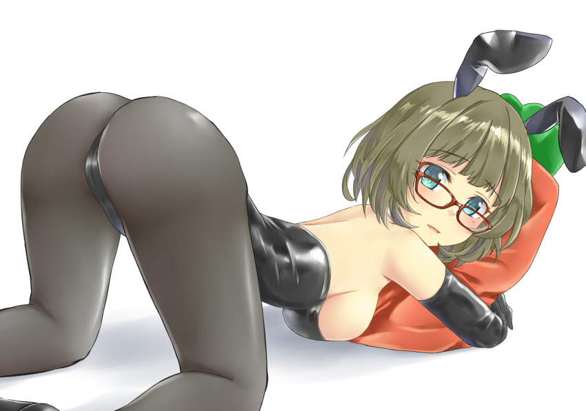 1girl aimobake animal_ears aqua_eyes ass bangs bespectacled black_footwear black_gloves black_legwear black_leotard breasts brown_hair bunny_ears carrot_pillow commentary elbow_gloves eyebrows_visible_through_hair fake_animal_ears glasses gloves high_heels highres holding holding_pillow idolmaster idolmaster_cinderella_girls large_breasts leotard looking_at_viewer looking_back mole mole_under_eye pantyhose parted_lips pillow playboy_bunny red-framed_eyewear shadow short_hair simple_background smile solo strapless strapless_leotard takagaki_kaede thigh_gap thong_leotard top-down_bottom-up white_background