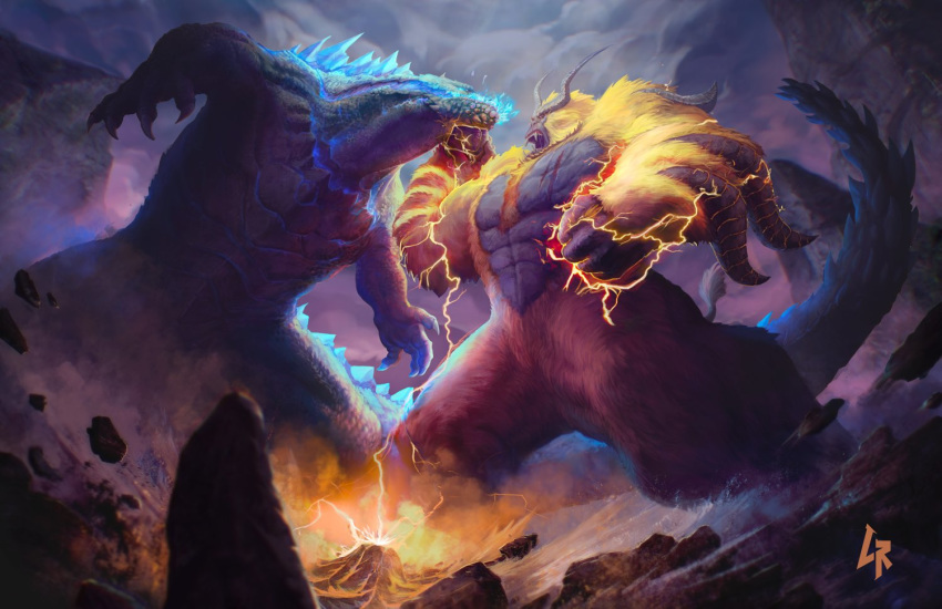 action animal ape battle blonde_hair charge_blade chipyray claws commentary creature crossover deviljho dinosaur dinosaur_tail dragon duel electricity english_commentary enraged_rajang fangs fighting full_body fur fusion giant giant_male giant_monster glowing godzilla godzilla:_king_of_the_monsters godzilla_(2014) godzilla_(legendary) godzilla_(series) godzilla_vs_kong gorilla horns insect_glaive jaw kaijuu king_kong king_kong_(character) kong:_skull_island male_focus monkey monster monster_hunter monster_hunter:_world monster_hunter_3 muscle no_humans open_mouth oversized_animal rajang red_eyes scales sharp_teeth sky solo spiked_helmet spikes spines standing tail teeth yellow_eyes