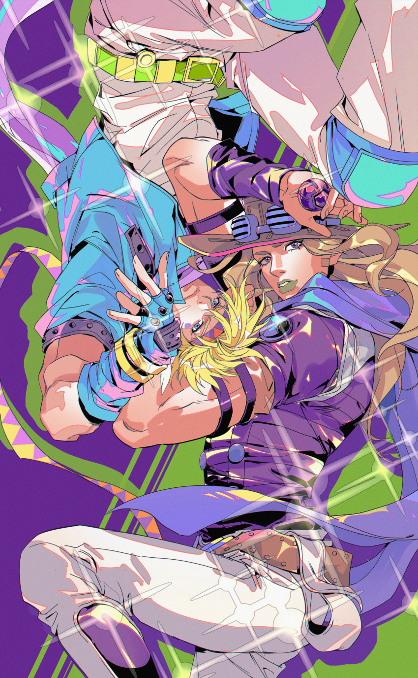 2boys absurdres arm_up armband battle_tendency belt belt_buckle blonde_hair blue_eyes blue_gloves blue_jacket buckle caesar_anthonio_zeppeli closed_mouth diffraction_spikes errslance eyebrows_behind_hair facial_hair facial_mark feather_hair_ornament fingerless_gloves gloves goggles goggles_on_headwear green_lipstick gyro_zeppeli hair_ornament hat headband highres jacket jojo_no_kimyou_na_bouken knee_pads knee_up light_brown_hair light_smile lipstick long_hair looking_at_viewer makeup male_focus multiple_boys namesake parted_lips pink_scarf purple_eyes purple_scarf related scarf shiny shiny_clothes short_hair steel_ball steel_ball_run upside-down