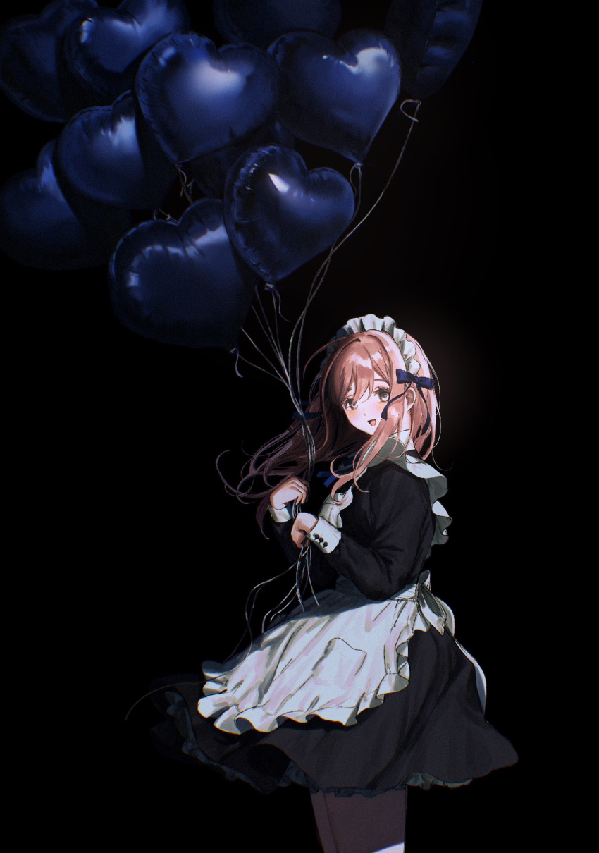 1girl apron arms_up balloon bangs black_background black_bow black_dress blush bow brown_eyes cowboy_shot dress frilled_apron frills heart_balloon highres holding holding_balloon long_hair long_sleeves looking_at_viewer maid_apron maid_dress maid_headdress open_mouth original pink_hair simple_background smile solo youichi_(45_01)