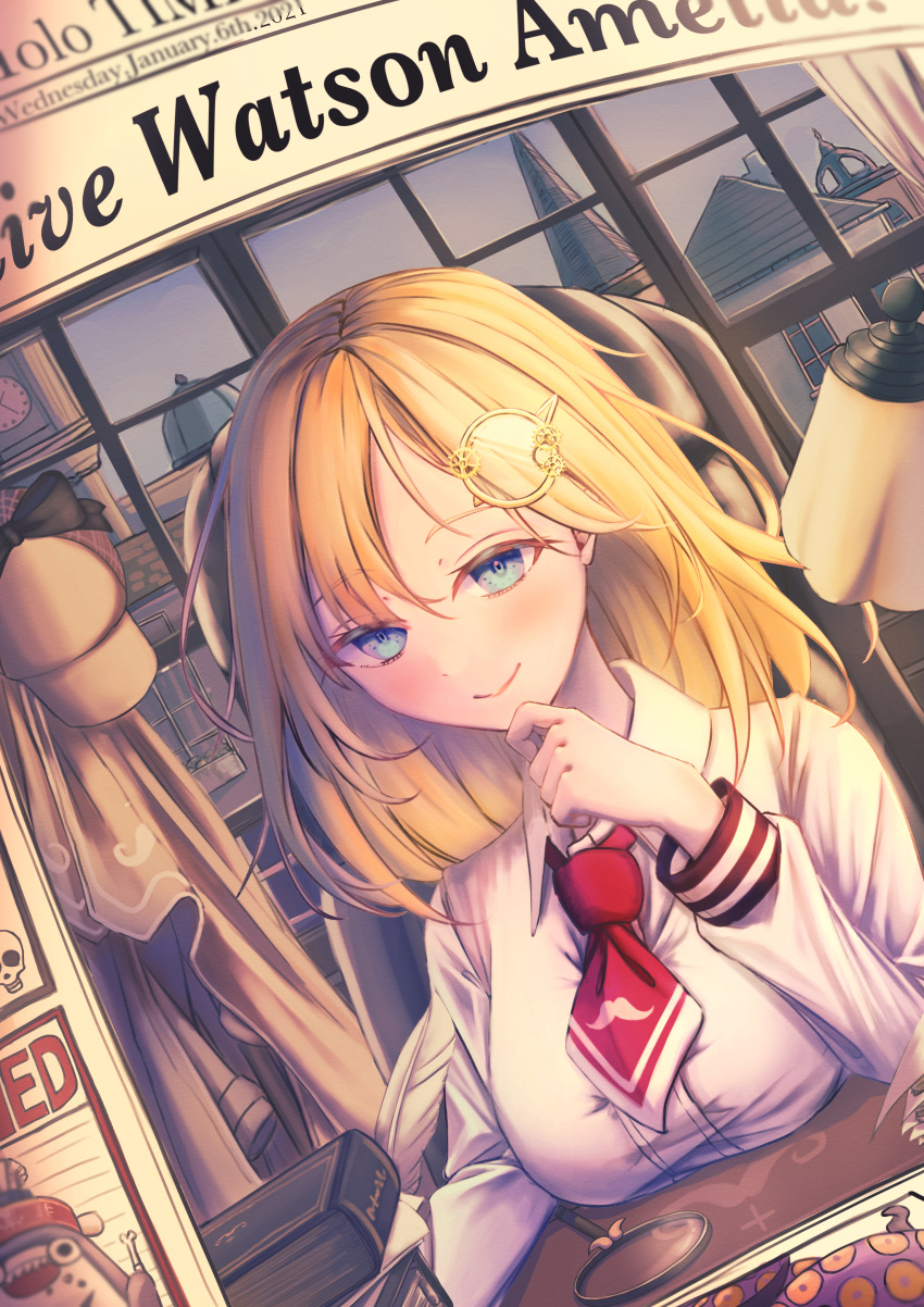 1girl absurdres blonde_hair blue_eyes breasts character_name finger_to_chin highres hololive hololive_english huge_filesize looking_down medium_breasts mini_necktie newspaper solo spica/kanade virtual_youtuber watson_amelia