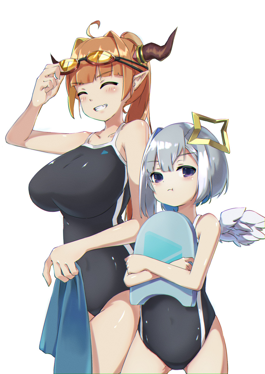 2girls absurdres amane_kanata anzai_growth bodyboard breast_envy breasts closed_eyes covered_navel goggles grey_eyes grey_hair highres hololive horns kiryuu_coco large_breasts looking_at_viewer mini_wings multiple_girls orange_hair pointy_ears ponytail pout school_swimsuit smile swimsuit virtual_youtuber