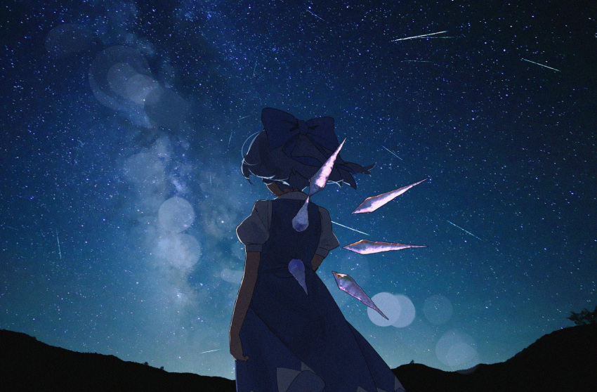 1girl bow cirno cowboy_shot dress floating_hair from_behind hair_ribbon highres horizon ice ice_wings night night_sky outdoors pikumin ribbon silhouette skirt sky solo star_(sky) starry_sky touhou wings