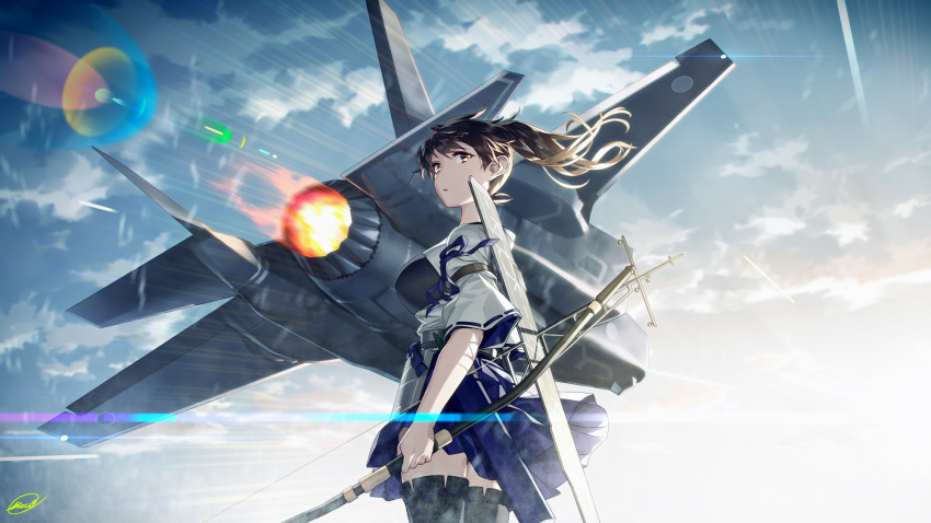 1girl blew_andwhite blue_hakama blue_sky bow_(weapon) breasts brown_eyes brown_hair commentary_request flight_deck from_side gloves hakama hakama_skirt highres holding holding_weapon japanese_clothes kaga_(kantai_collection) kantai_collection large_breasts long_hair long_sleeves looking_at_viewer muneate outdoors parted_lips partially_fingerless_gloves quiver side_ponytail signature single_glove sky solo tasuki thighhighs weapon