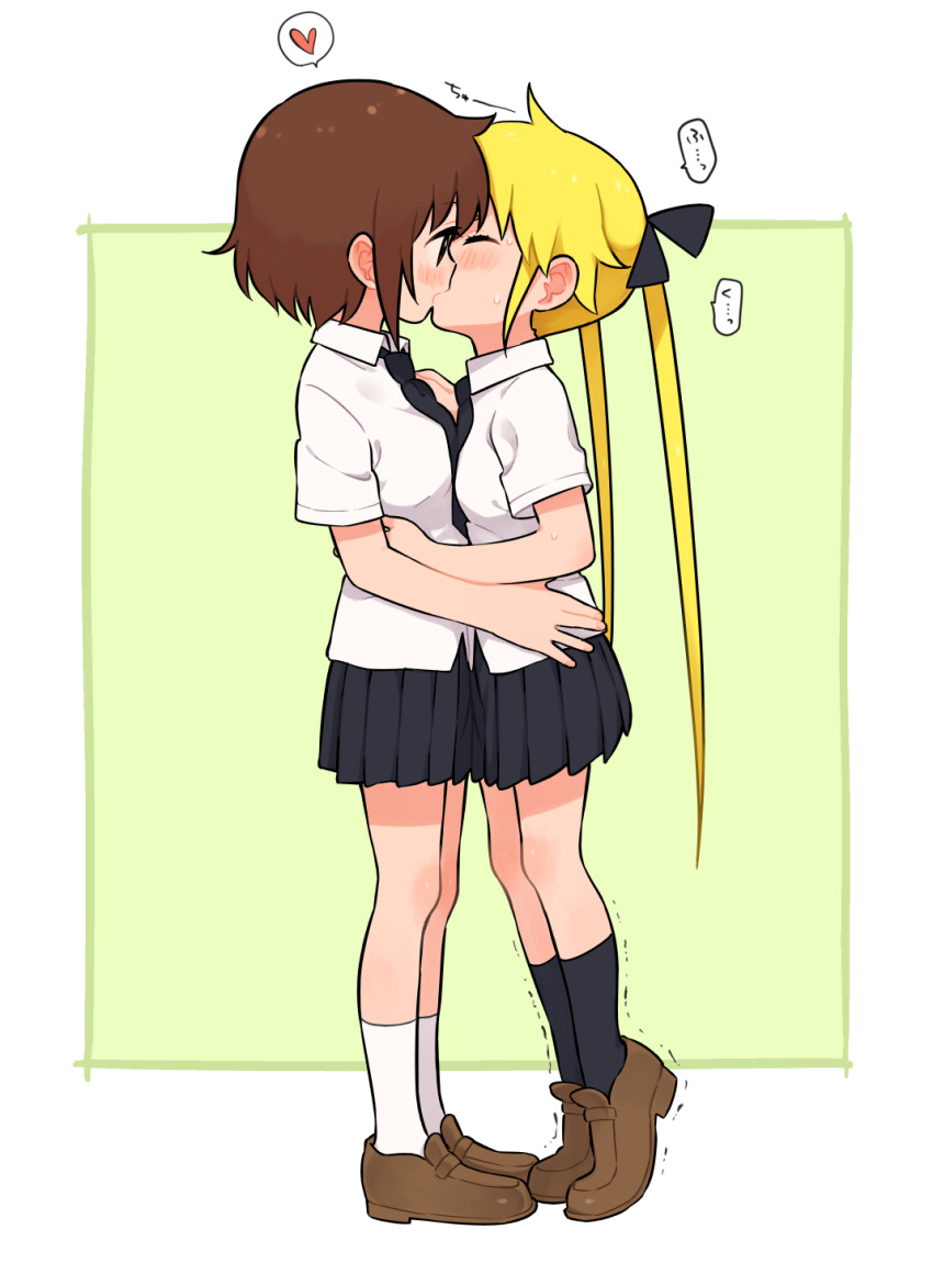 2girls black_legwear black_neckwear black_skirt blonde_hair blush brown_footwear brown_hair commentary_request full_body heart highres kill_me_baby kiss long_hair mary_janes meis_(terameisu) multiple_girls necktie oribe_yasuna pleated_skirt school_uniform shoes short_hair short_sleeves simple_background skirt socks sonya_(kill_me_baby) spoken_heart standing tiptoe_kiss tiptoes trembling twintails white_legwear yuri