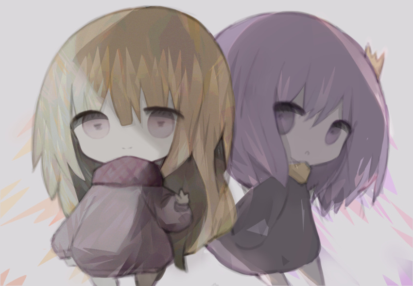 2girls bangs black_dress brown_eyes brown_shirt character_request chibi closed_mouth commentary_request cottontailtokki crown dress eyebrows_visible_through_hair grey_background hair_between_eyes long_sleeves looking_at_viewer mini_crown multiple_girls puffy_long_sleeves puffy_sleeves purple_eyes purple_hair shadowverse shingeki_no_bahamut shirt sleeves_past_wrists smile spinaria_(shingeki_no_bahamut) standing