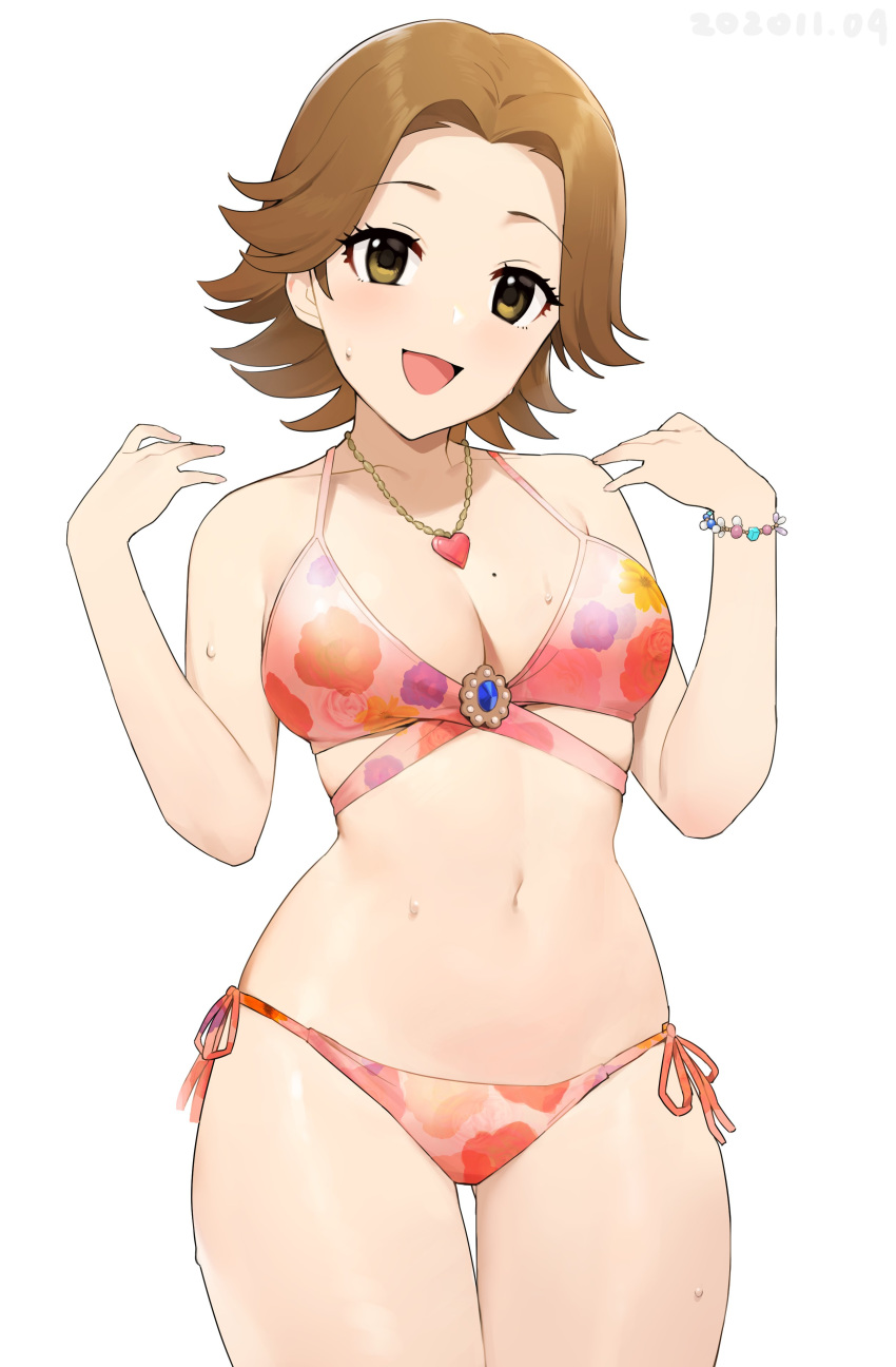 1girl absurdres ass_visible_through_thighs bikini breasts cleavage dated flipped_hair floral_print forehead heart heart_necklace highres idolmaster idolmaster_cinderella_girls idolmaster_cinderella_girls_starlight_stage light_brown_hair medium_breasts mole mole_on_breast onao oota_yuu open_mouth short_hair side-tie_bikini simple_background solo swimsuit thigh_gap thighs wet white_background yellow_eyes