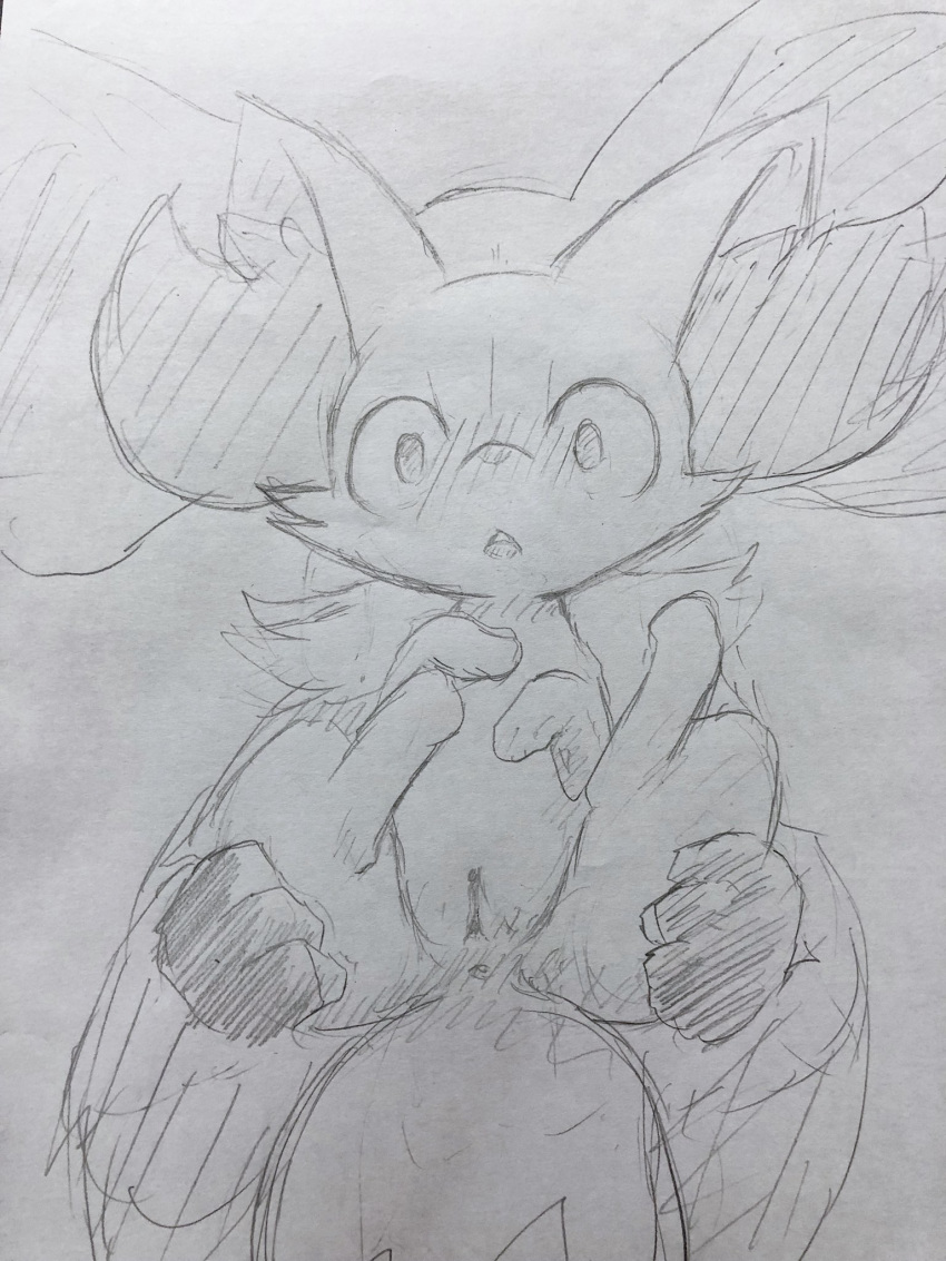 2018 3:4 3_fingers ambiguous_gender anthro anus black_body black_fur canid canine cheek_tuft claws delphox eiroru facial_tuft fennekin fingers fur genitals greyscale hi_res inner_ear_fluff looking_at_viewer mammal monochrome nintendo nude open_mouth pok&eacute;mon pok&eacute;mon_(species) pussy simple_background size_difference solo spread_legs spreading standing surprise tuft video_games white_body white_fur wide_eyed