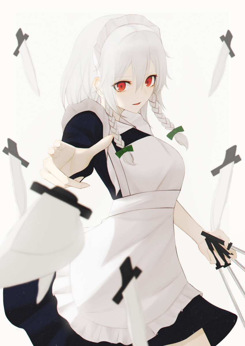 1girl albino apron arm_at_side bangs between_fingers black_dress blue_dress bow braid commentary cowboy_shot dress fingernails foreshortening frilled_apron frills green_bow grey_background hair_between_eyes hair_bow headdress highres holding holding_knife incoming_attack izayoi_sakuya knife knives_between_fingers long_fingernails looking_at_viewer maid_apron maid_headdress medium_hair outstretched_arm parted_lips pointing pointing_at_viewer puffy_short_sleeves puffy_sleeves red_eyes sharp_fingernails short_sleeves side_braid sidelocks silver_hair simple_background solo thomas_8000 touhou twin_braids weapon white_apron white_background white_hair