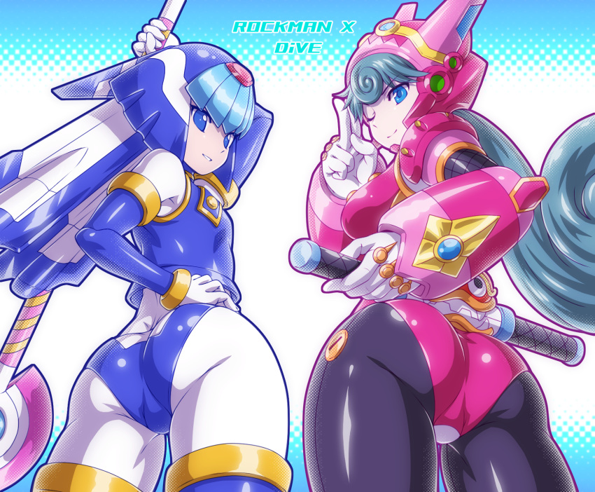 2girls android armor ass bangs blue_eyes bodysuit breasts commentary_request copyright_name flat_chest from_behind gradient gradient_background green_hair hand_on_hip helmet highres holding joints kuroshio_(zung-man) leviathan_(rockman) long_hair looking_at_viewer looking_back marino medium_breasts multiple_girls one_eye_closed parted_lips polearm robot robot_joints rockman rockman_x rockman_x_command_mission rockman_x_dive rockman_zero shiny shiny_clothes shiny_hair smile weapon