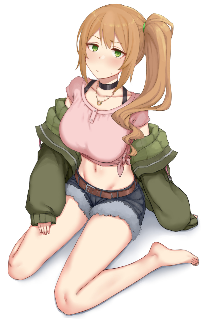 1girl bangs barefoot belt blush breasts chloe_(princess_connect!) collarbone cutoffs denim denim_shorts go-m green_eyes green_jacket highres jacket jewelry large_breasts light_brown_hair long_hair long_sleeves looking_at_viewer navel necklace off_shoulder pink_shirt princess_connect! princess_connect!_re:dive shirt short_shorts short_sleeves shorts side_ponytail simple_background sitting wariza