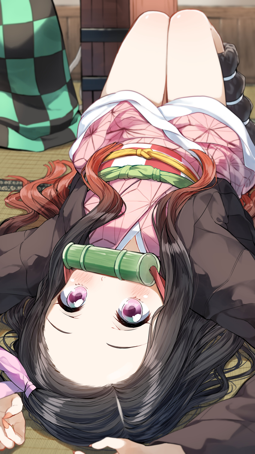 1boy 1girl absurdres arms_up bamboo bit_gag black_hair blush brown_hair checkered commentary_request forehead gag gradient_hair hair_ribbon highres indoors japanese_clothes kamado_nezuko kamado_tanjirou kimetsu_no_yaiba kimono knees_up long_hair long_sleeves lying mouth_hold multicolored_hair obi on_back on_floor open_clothes partial_commentary pentagon_(railgun_ky1206) pink_kimono pink_ribbon purple_eyes ribbon sash very_long_hair