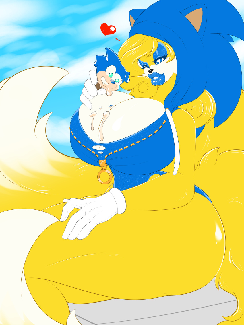 3:4 absurd_res anthro big_breasts bimbofication breasts cleavage clothed clothing crossgender dessert eyeshadow female food hi_res hoodie huge_breasts ice_cream lips lipstick makeup miles_prower moii silver_fly solo sonic_the_hedgehog_(series) thick_lips topwear wide_hips