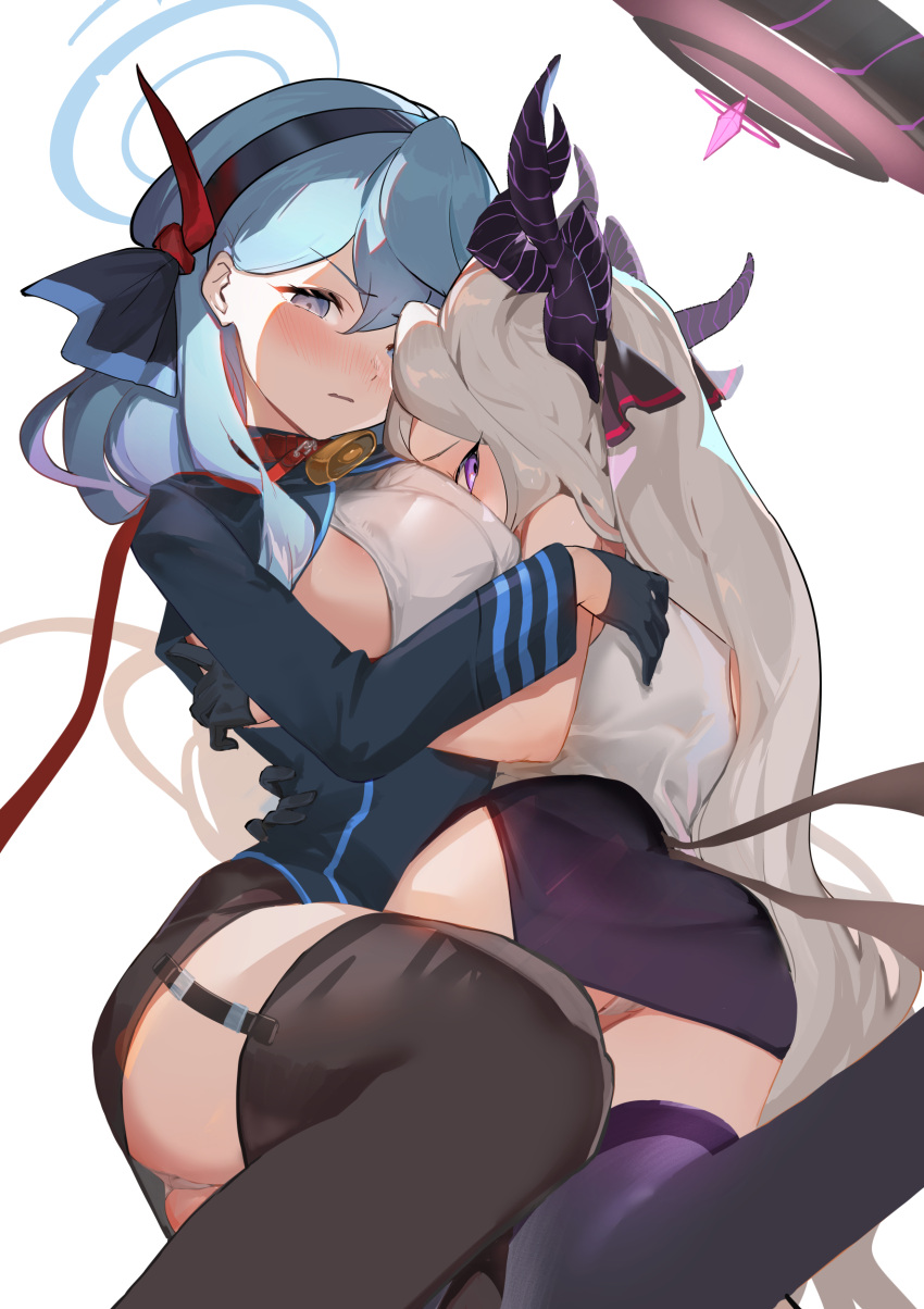 2girls :| absurdres ako_(blue_archive) ass bangs bell black_gloves black_hairband black_skirt blue_archive blue_eyes blue_hair blue_jacket blush boots bra breasts brown_legwear closed_mouth clothes_pull demon_horns eyebrows_visible_through_hair garter_belt gloves hair_between_eyes hair_ornament hair_ribbon hairband halo highres hina_(blue_archive) horns hug jacket knee_boots large_breasts long_hair long_sleeves looking_at_viewer looking_back miniskirt multiple_girls multiple_horns neck_bell nose_blush nuda open_clothes open_jacket panties parted_bangs purple_eyes ribbon shirt sideboob simple_background skirt thighhighs underwear very_long_hair white_background white_bra white_hair white_panties white_shirt yuri