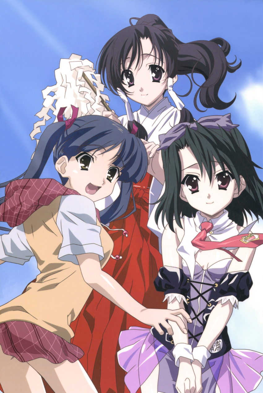 3girls absurdres ashikaga_inori black_hair blue_hair cloud cowboy_shot dark_green_hair from_behind highres japanese_clothes katsura_kotonoha kiyoura_setsuna light_rays looking_at_viewer looking_to_the_side miko multiple_girls name_tag necktie official_art plaid plaid_skirt ponytail purple_skirt red_neckwear red_skirt scan school_days shiny_days skirt sky twintails