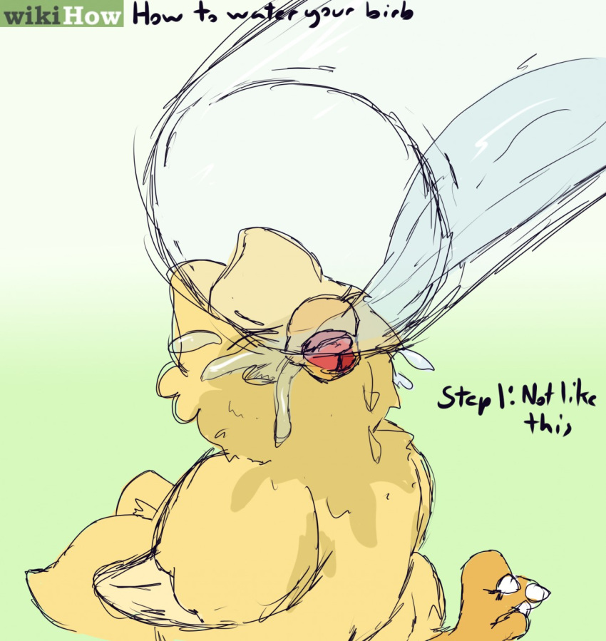2020 ambiguous_gender avian beak bird boredomwithfriends chocobo cup digital_drawing_(artwork) digital_media_(artwork) drinking english_text eyes_closed feathers final_fantasy hi_res how-to humor meme simple_background sketch solo square_enix text tongue video_games water wet wikihow wings