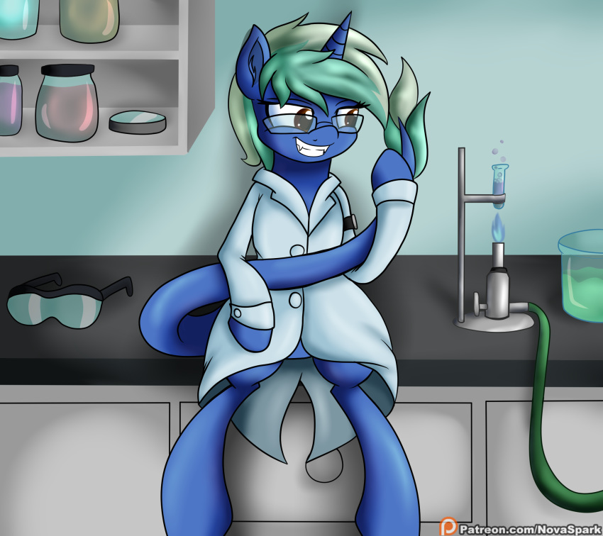 2019 beaker blue_body bunsen_burner clothed clothing coat equid equine eyewear fan_character female feral fully_clothed glasses green_hair grin hair happy hasbro hi_res holding_tail horn inside lab_coat laboratory laboratory_equipment laboratory_glassware&lrm; mammal my_little_pony nova_spark novaspark safety_goggles scientific_instrument sitting smile solo test_tube topwear unicorn