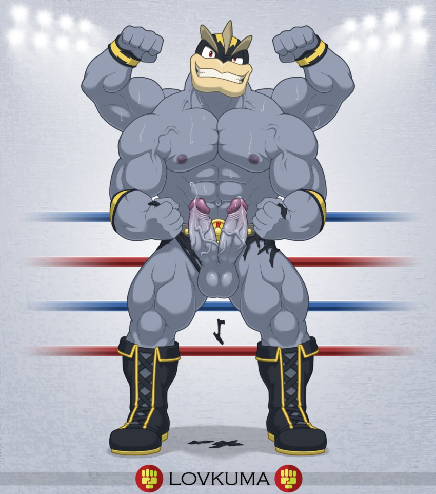 4_arms abs armband balls biceps bodily_fluids boots clothed clothing diphallism fighting_ring flexing footwear front_view genital_fluids genitals hi_res holding_clothing horizontal_diphallism humanoid humanoid_genitalia humanoid_penis lovkuma machamp male mask multi_arm multi_genitalia multi_limb multi_penis muscular muscular_humanoid muscular_male nintendo nipples not_furry partially_clothed pecs penis pok&eacute;mon pok&eacute;mon_(species) precum smile smirk solo sports_mask sportswear sweat torn_clothing vein veiny_penis video_games wrestling_mask wristband