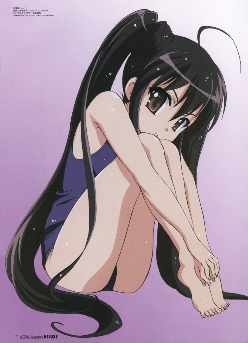 1girl absurdres black_hair brown_eyes feet gradient gradient_background hands_together highres long_hair megami official_art one-piece_swimsuit purple_background scan shakugan_no_shana shana sitting solo swimsuit thighhighs twintails very_long_hair water_drop