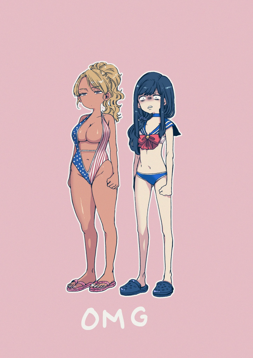 2girls american_flag_swimsuit angry black_eyes black_hair blonde_hair breasts cleavage clenched_hands clenched_teeth commentary_request crocs dark_skin food_court_de_mata_ashita full_body grey_eyes groin gyaru halterneck high_ponytail highres large_breasts long_hair low_tied_hair multiple_girls nariie_shin'ichirou navel pink_background sailor_bikini sailor_collar sailor_senshi_costume sandals small_breasts straight_hair teeth wada_(food_court) wavy_hair yamamoto_(food_court)